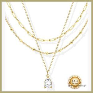 14K Gold Plated Layered Pendant Necklace Set with Cubic Zirconia